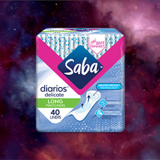 Packet of Libresse Dailies Extra Protection Extra Long Liners on swirling galaxy backgroun